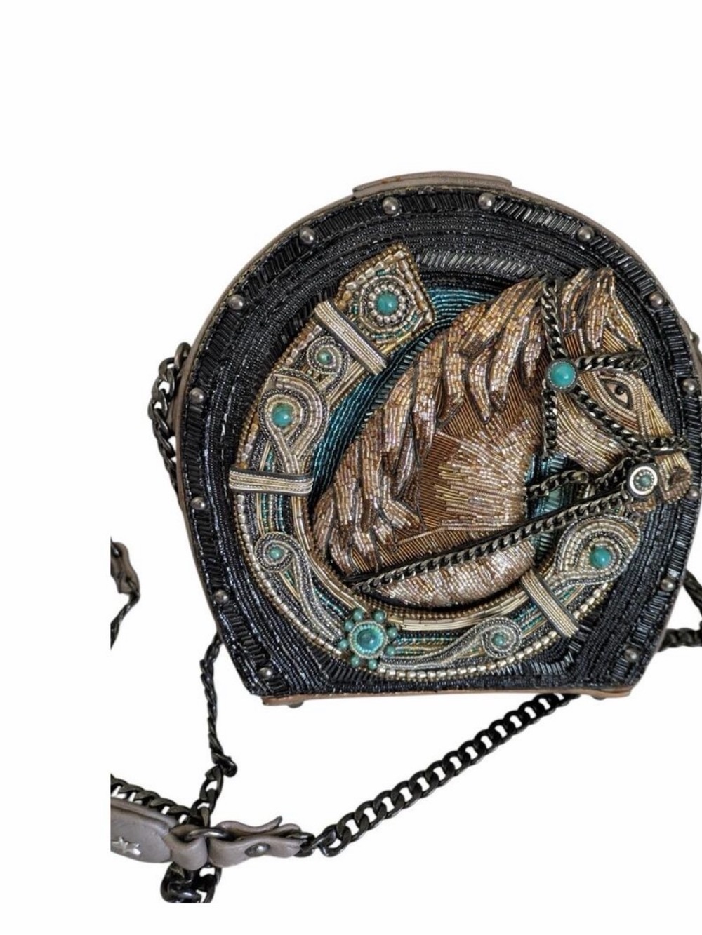 Mary Francis Ready to ride Beaded Horse  Crossbody Bag - Black and Turquoi